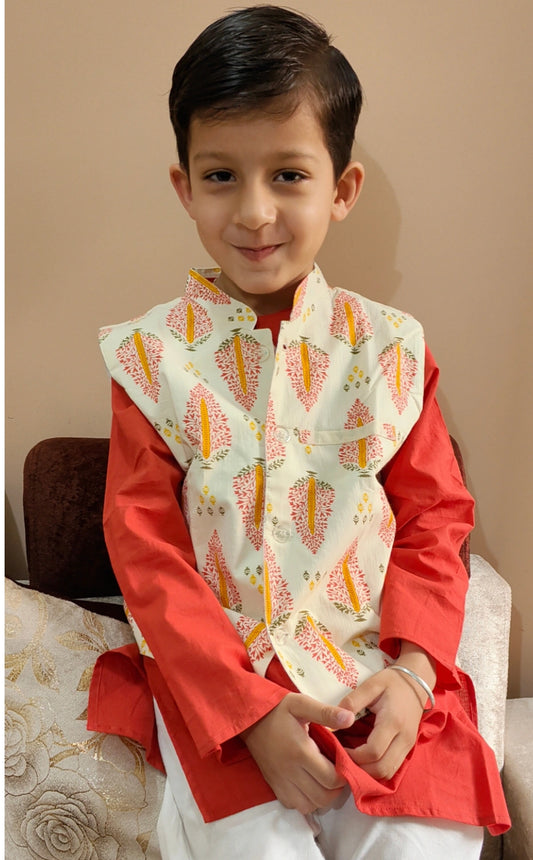 Block print Red Nehru Jacket set