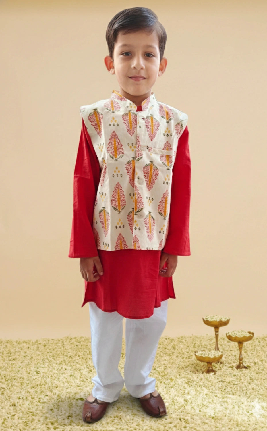 Block print Red Nehru Jacket set