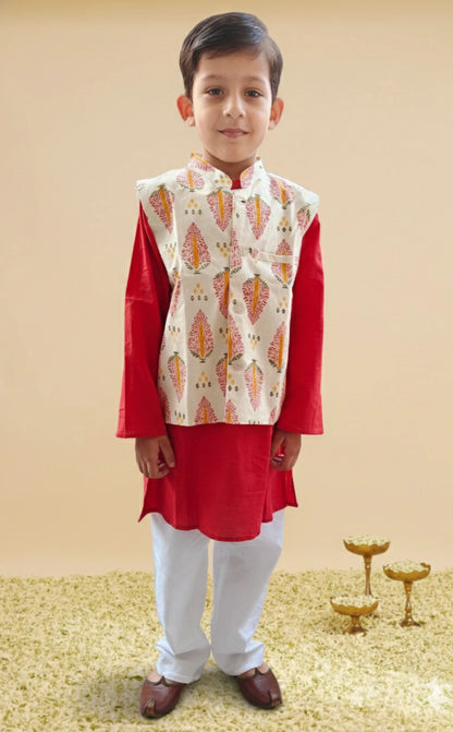 Block print Red Nehru Jacket set