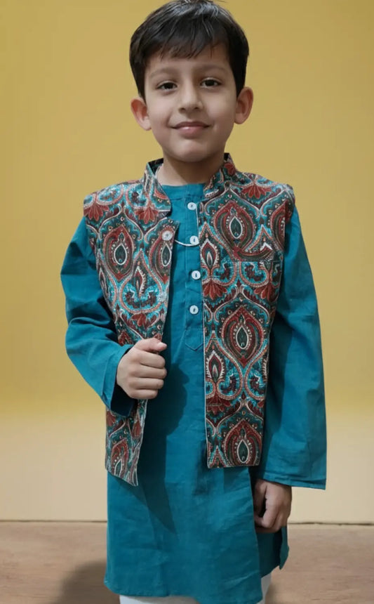Block print Green Nehru Jacket set