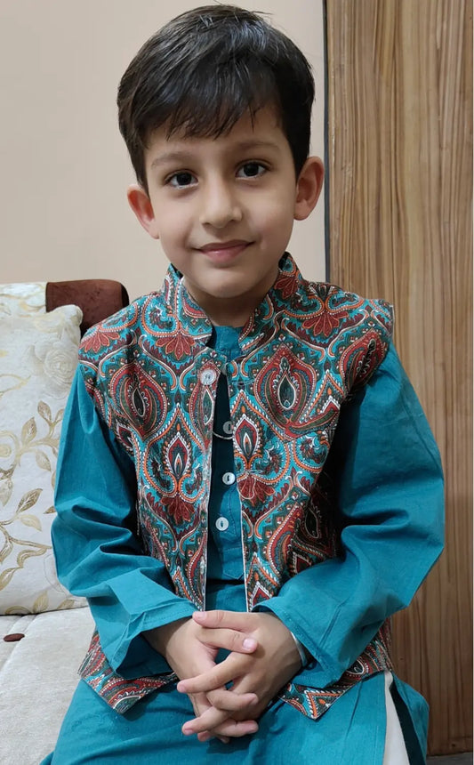 Block print Green Nehru Jacket set